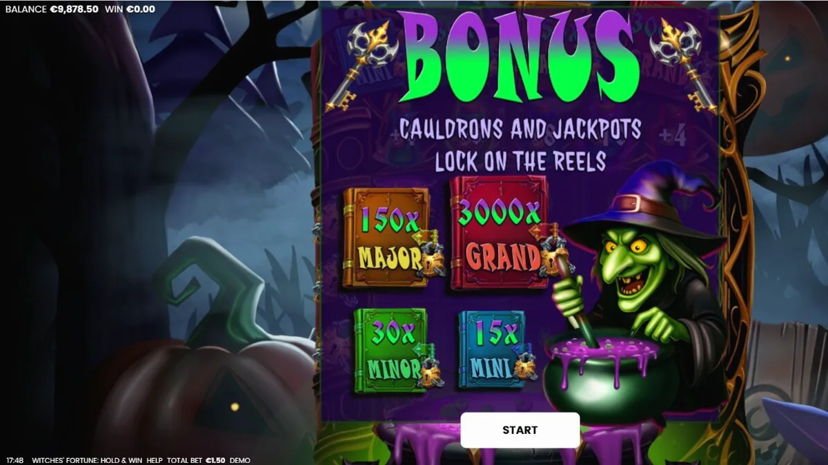 Tampilan antarmuka slot Witches’ Fortune: Hold and Win pada layar ponsel